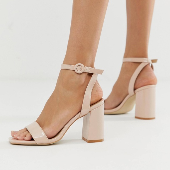 ASOS RAID Wink Blush Patent Square Toe Block Heeled Sandals - Picture 1 of 9